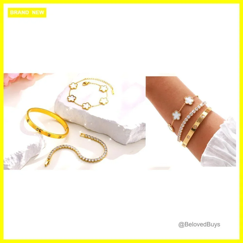 Stackable Gold Plated Bracelets Set - 3Pcs Stainless Steel Bangle